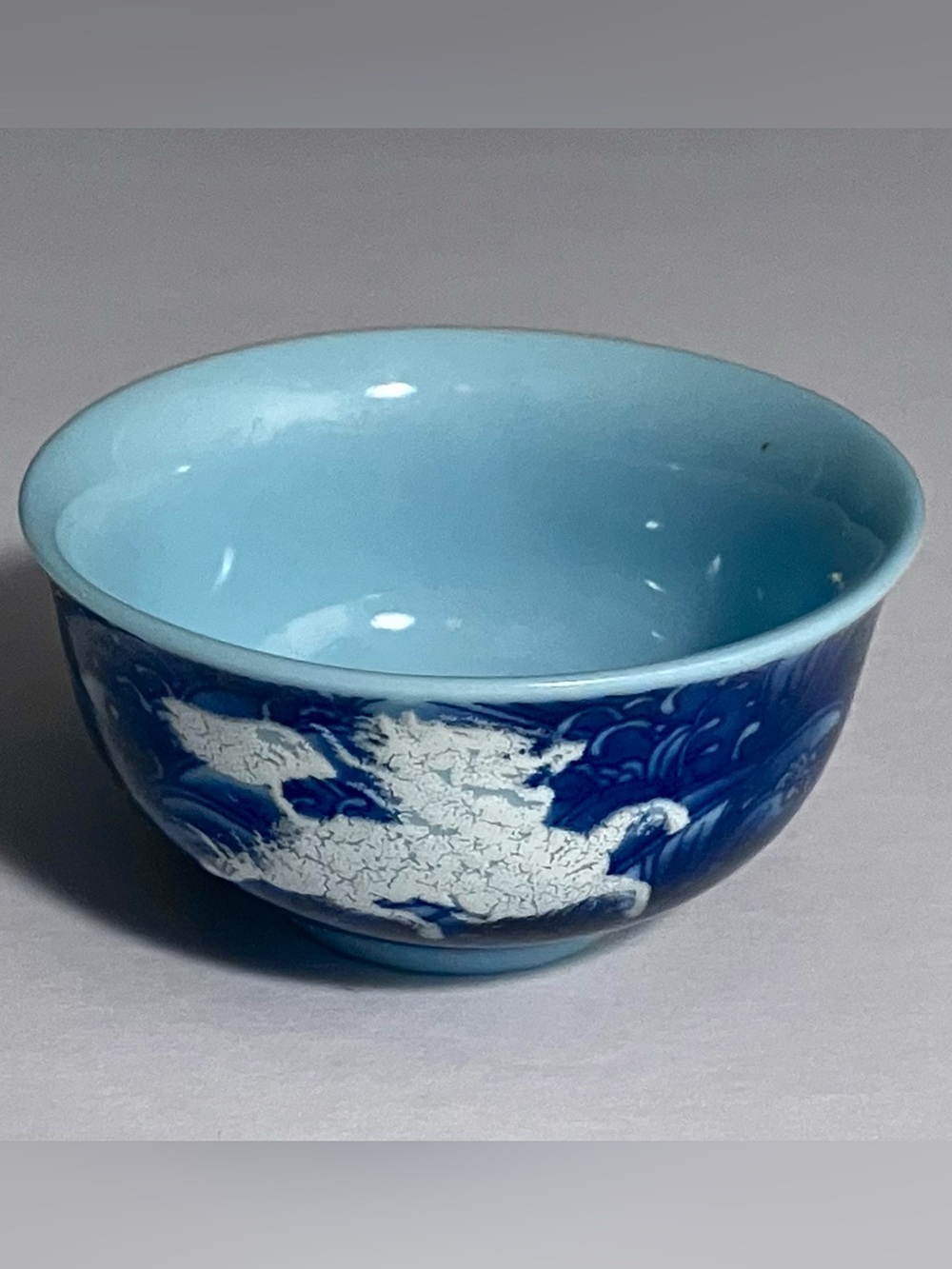 Rare CHINESE Cobalt on SKY BLUE Glazed Cup / 2 WHITE QILIN Chasing FLAMING PEARL